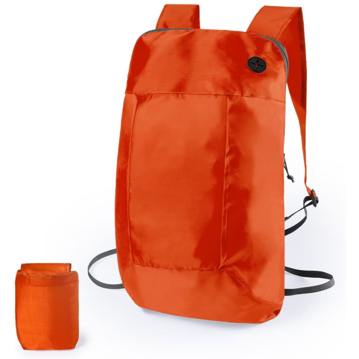 An orange foldable backpack with adjustable straps and a compact storage pouch is shown. It includes a logo.