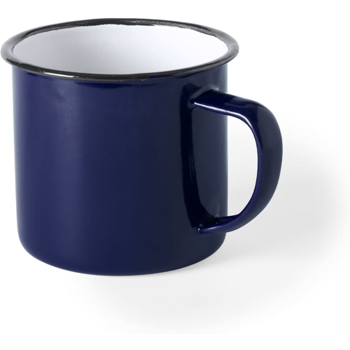 A navy blue coffee mug with a white interior and a simple handle, featuring a logo on one side.
