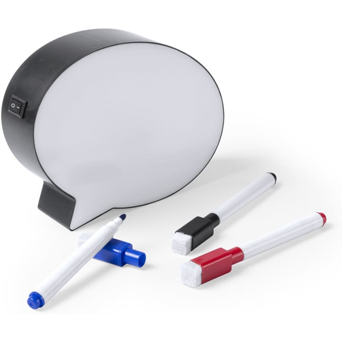 A black speech bubble message board with red, blue, and black dry-erase markers for writing notes.