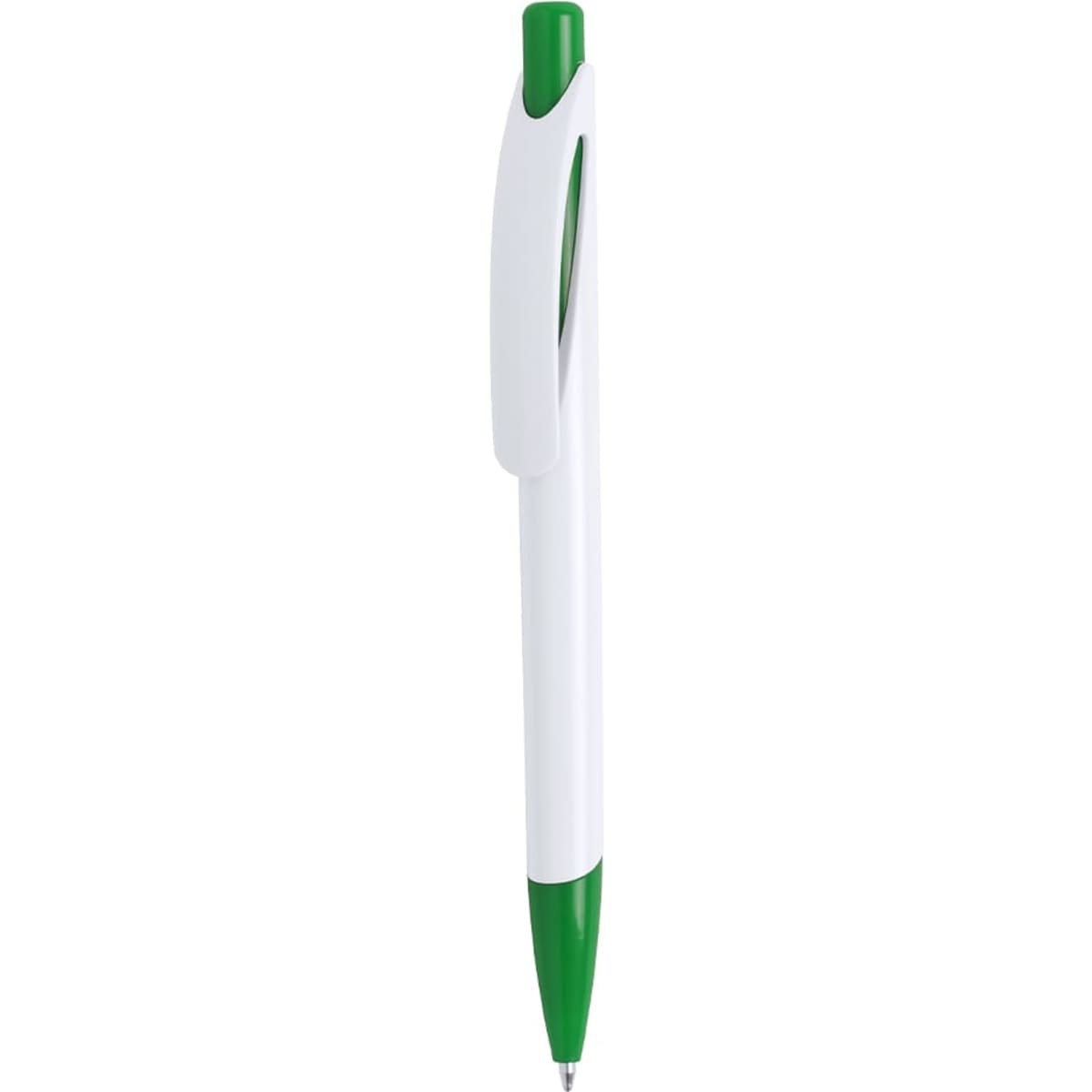A plastic pen with a white body and a green cap and grip, featuring a logo on the side.