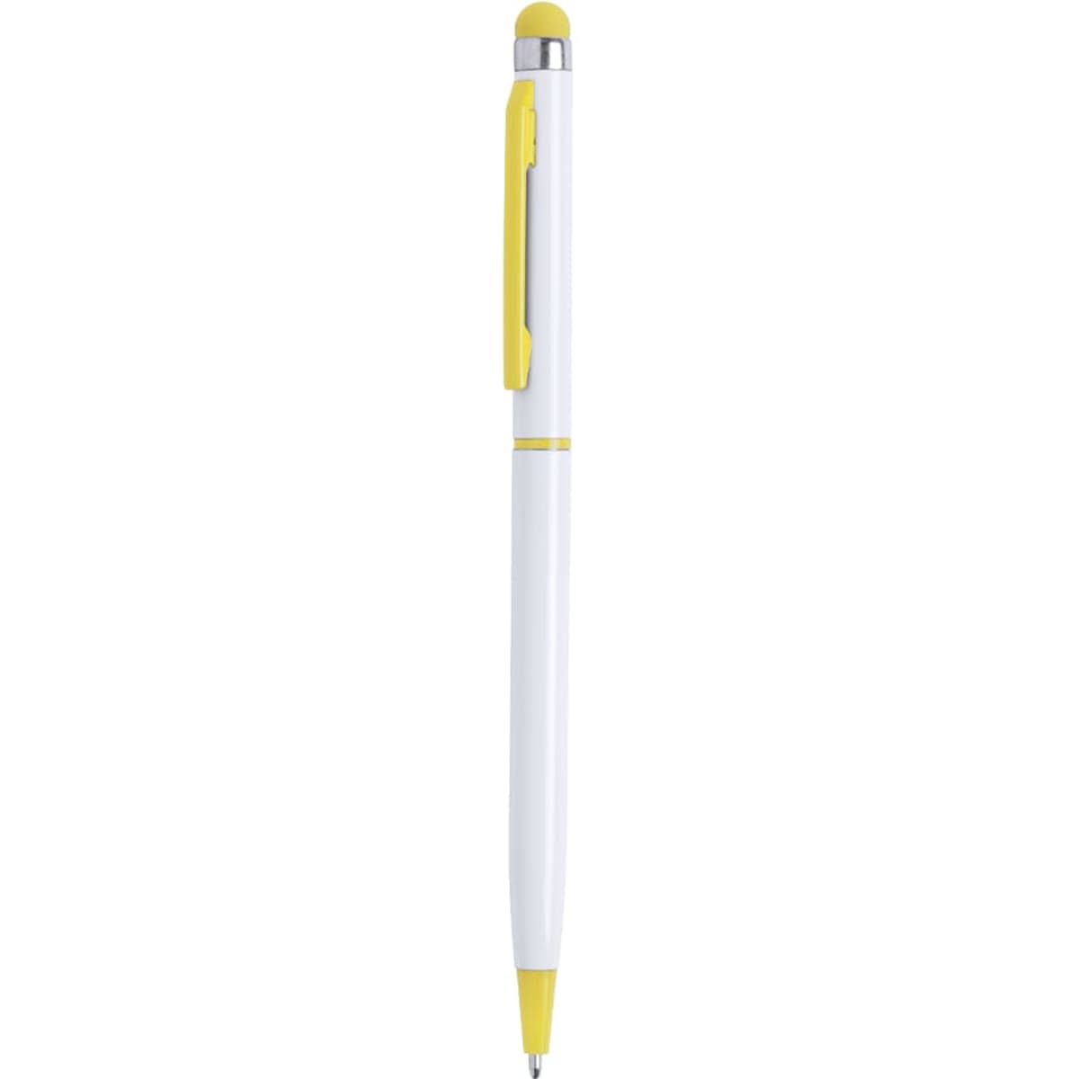 A white ballpoint pen with yellow accents and a stylus tip. The pen features a clip and has branding.