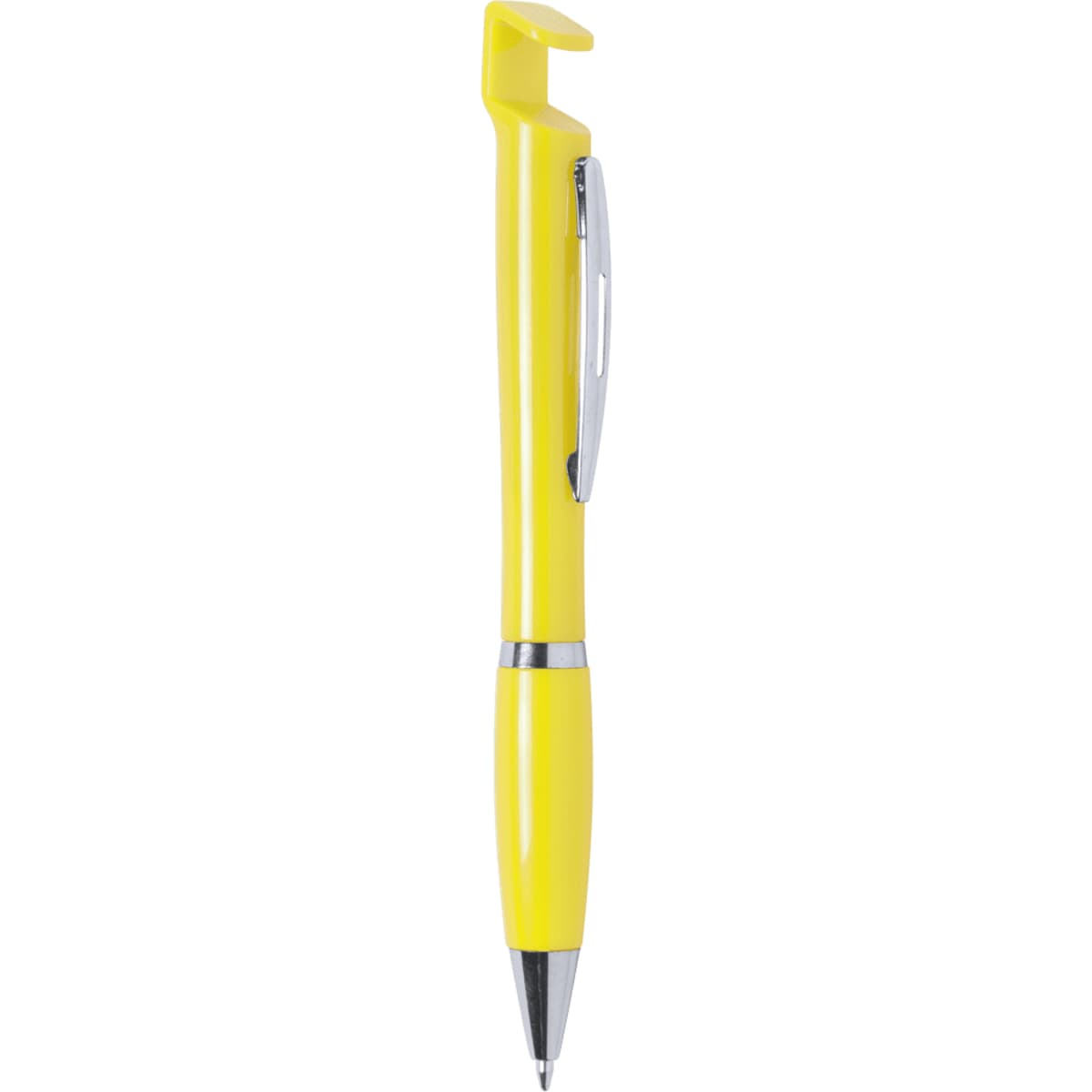 A yellow pen with a unique holder design and a silver clip, featuring a logo on its body.