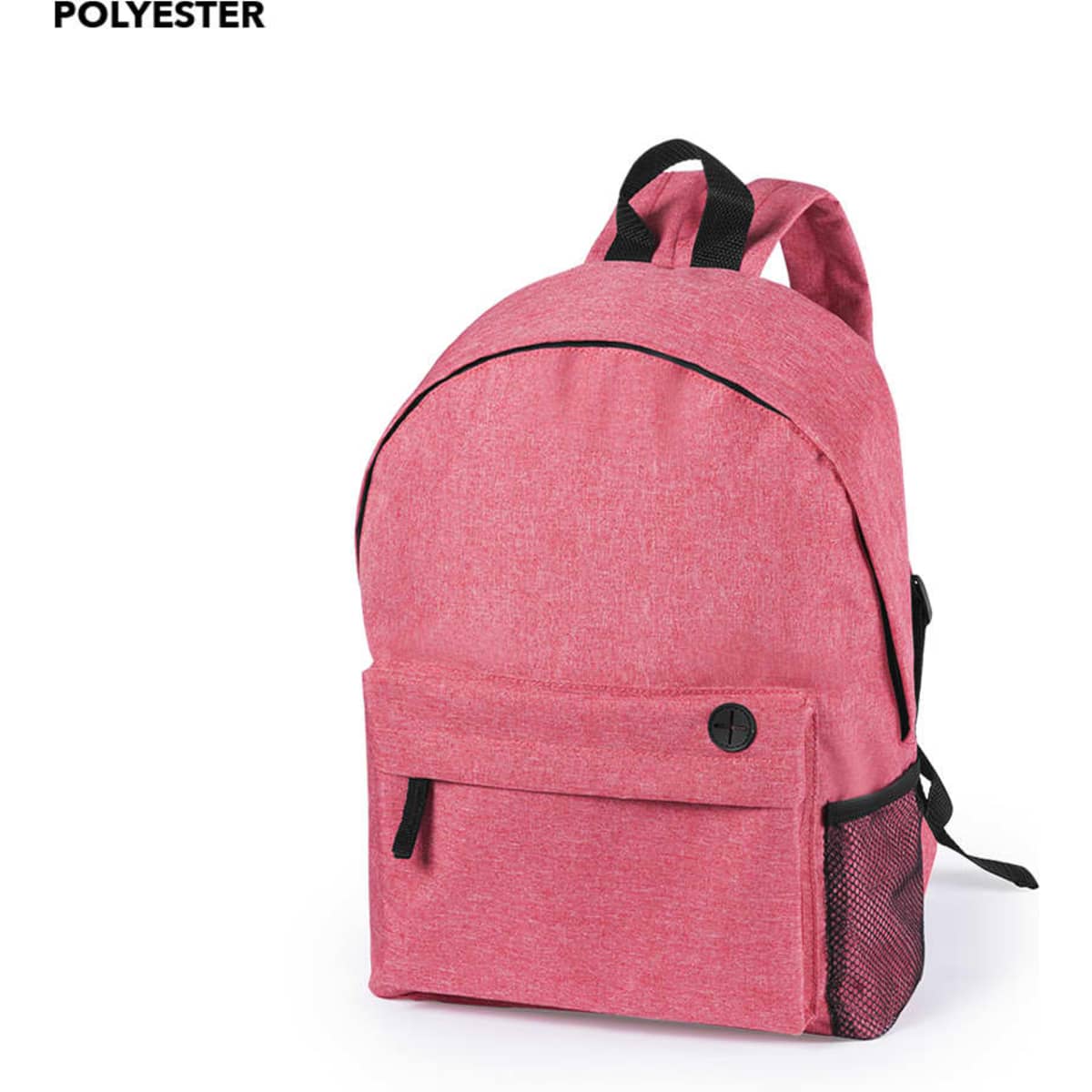 A pink polyester backpack with a front pocket and side mesh. It features black straps and detailing.