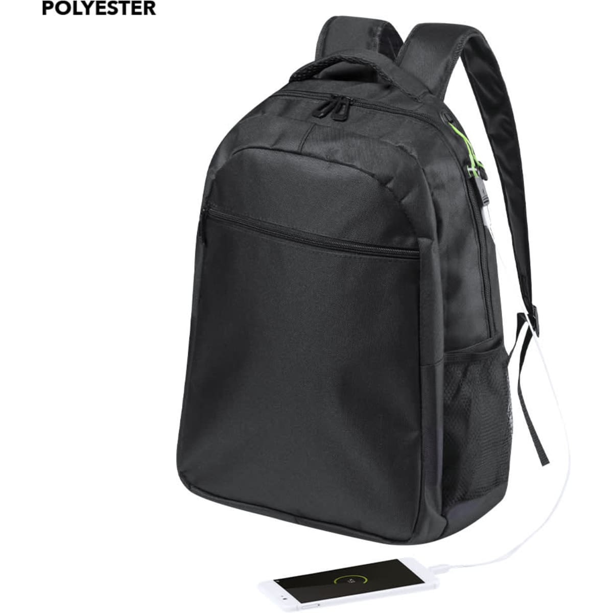 A black backpack made from polyester, featuring a front pocket and a charging port for devices.