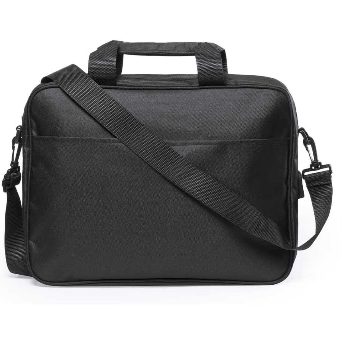 A black laptop bag with a shoulder strap and top handles, featuring a front pocket and a branding logo.