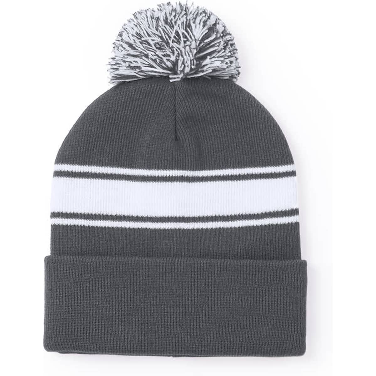 A grey beanie hat with a white stripe and a pom-pom on top. It features a logo on the side.