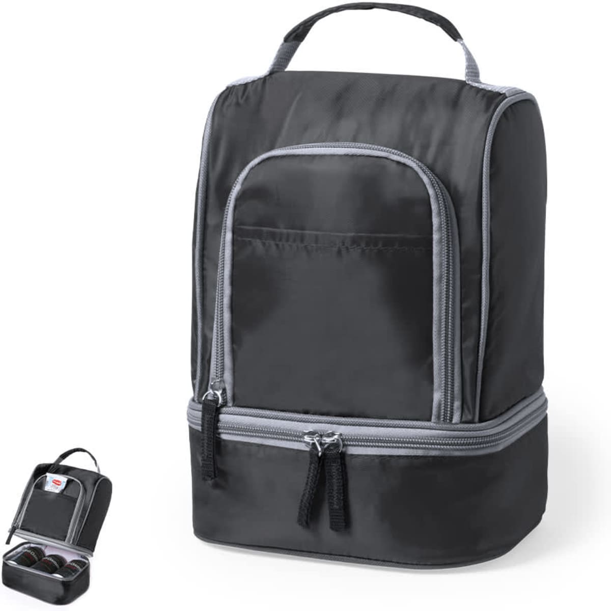 A black cooler bag with grey accents, featuring a front pocket and dual zip compartments. Includes a small additional case.