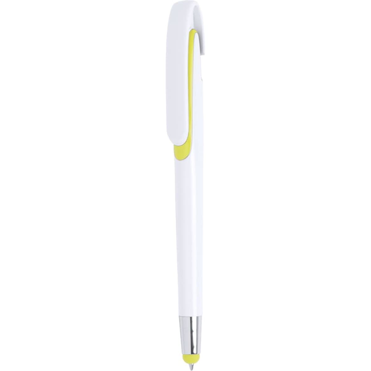 A white stylus touch ball pen with a yellow accent and a silver tip.