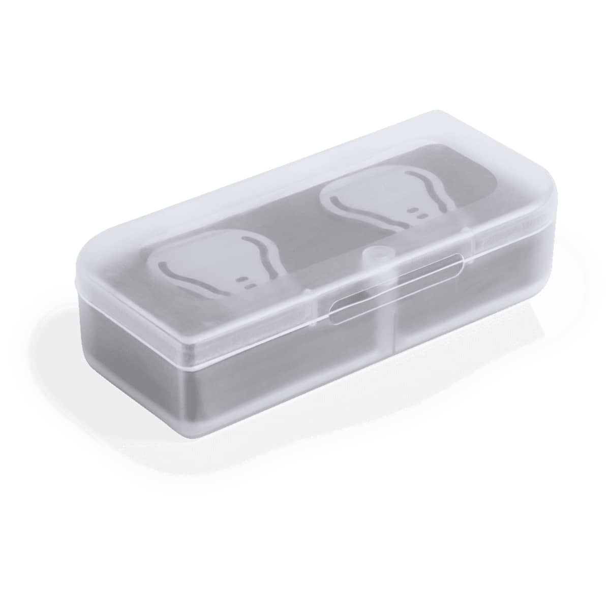 A transparent container with a grey interior, designed to hold clips, featuring a simple design and a closure mechanism.