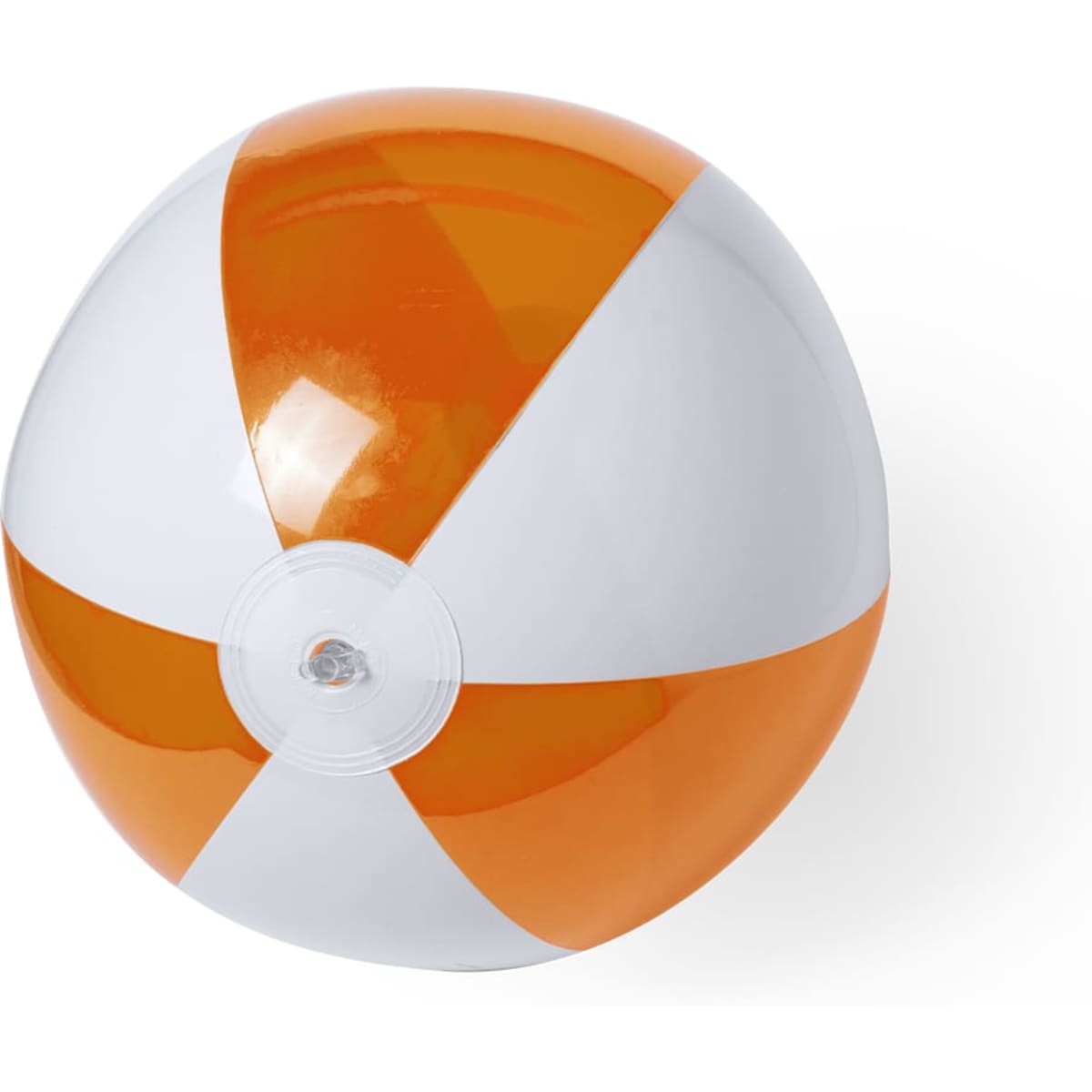 A beach ball with orange and white panels, featuring a logo on its surface. Ideal for leisure activities.
