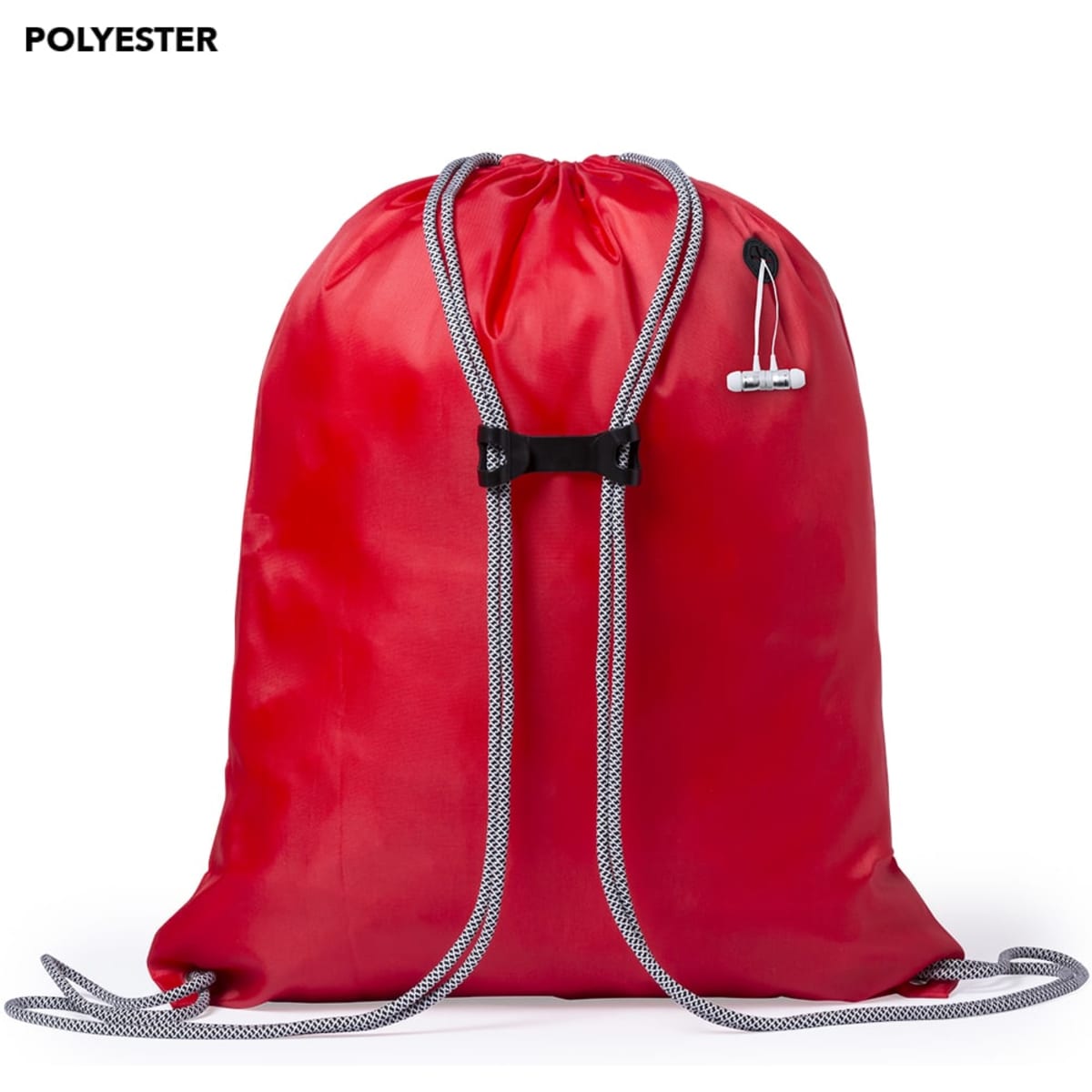 A red drawstring bag made of polyester, featuring a grey drawcord and a small logo.