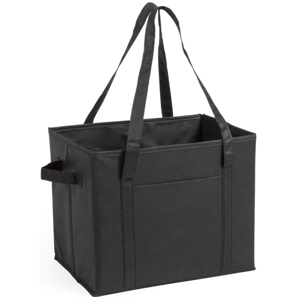 A black fabric organiser bag with two handles and an open top, featuring a side pocket.