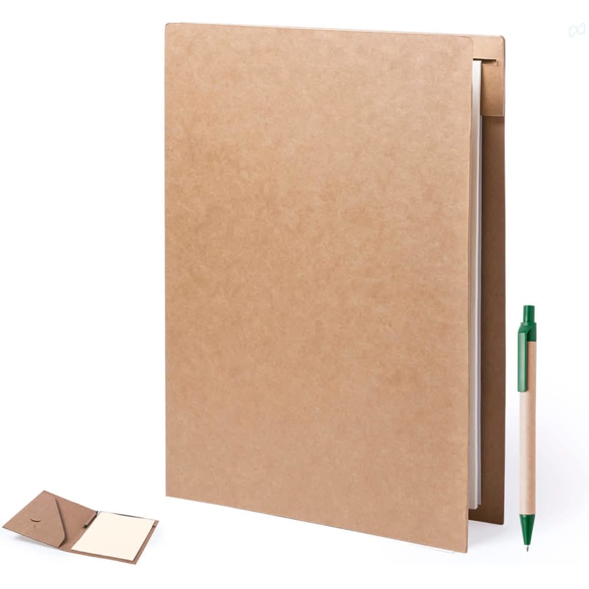 A brown compendium with a pen and a small notepad, ideal for office and business use.