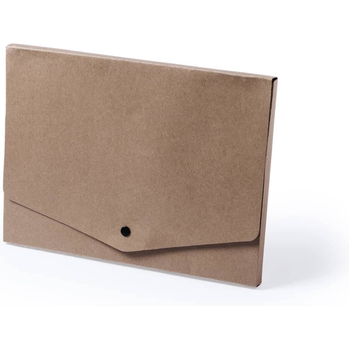 A brown, envelope-style folder with a snap button closure. It features a logo on its front.