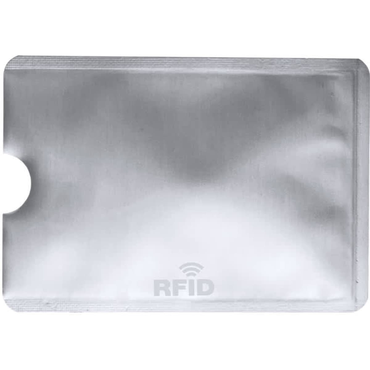 A silver RFID blocking wallet featuring a sleek, minimalist design with a cut-out section.