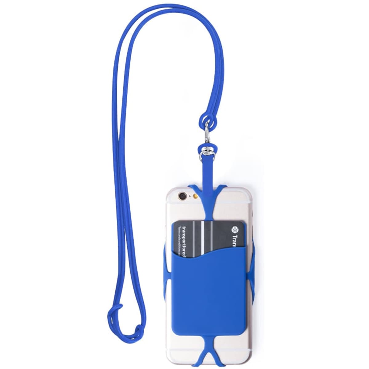 A blue lanyard attached to a phone case designed to hold a card, featuring a sleek and modern look.