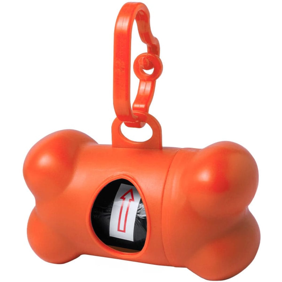 An orange bone-shaped pet waste bag dispenser with a clip attachment, featuring a roll of bags inside.