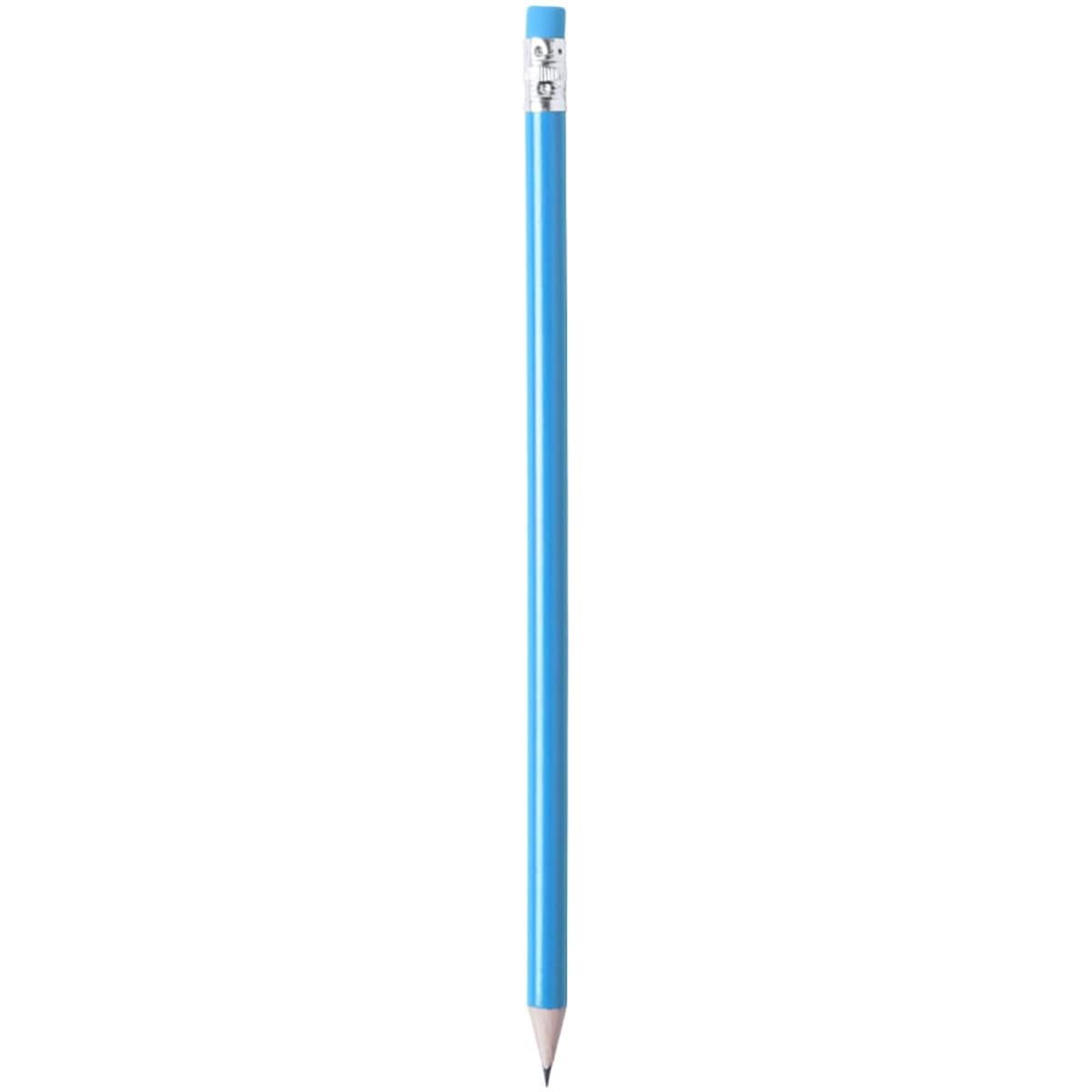 A blue grey-lead pencil with a sharpened tip and a branded silver ferrule at the top.