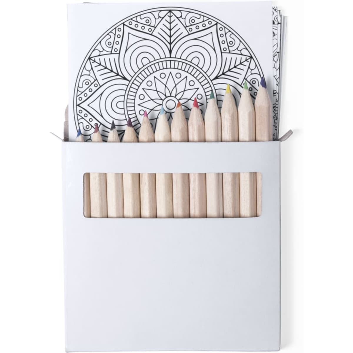 A box of coloured pencils with a variety of colours, alongside patterned colouring pages; features a logo on the packaging.