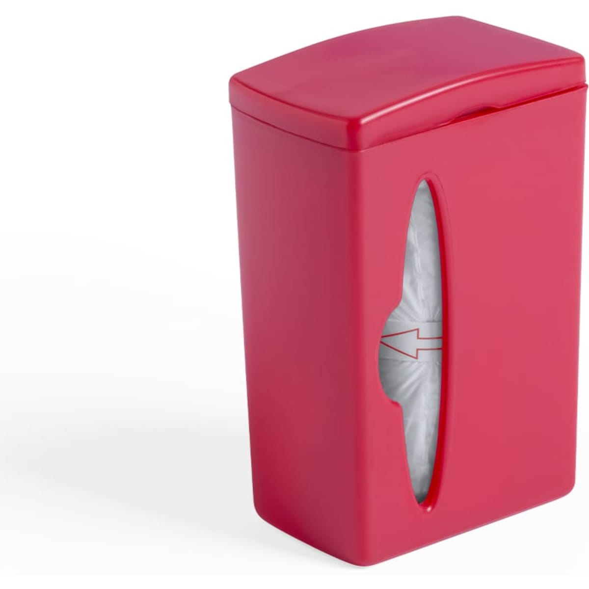 A red toiletry bag with a sleek design and a window for easy access to contents, featuring a logo.