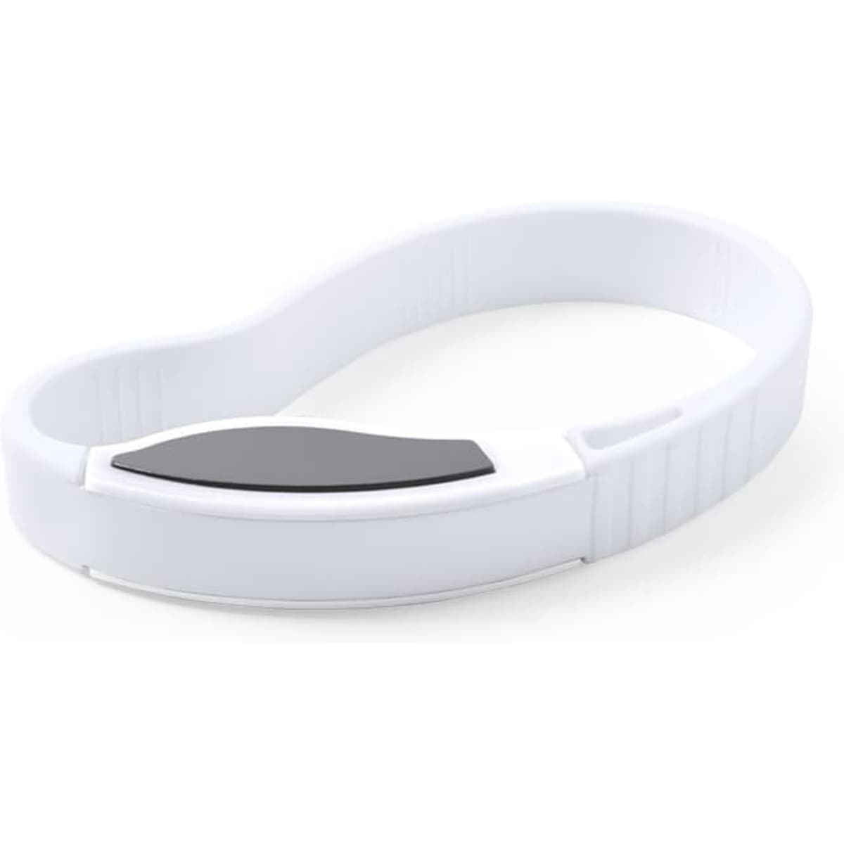 A bottle opener keyring in white with a black accent, featuring a smooth curved design and an integrated branding logo.