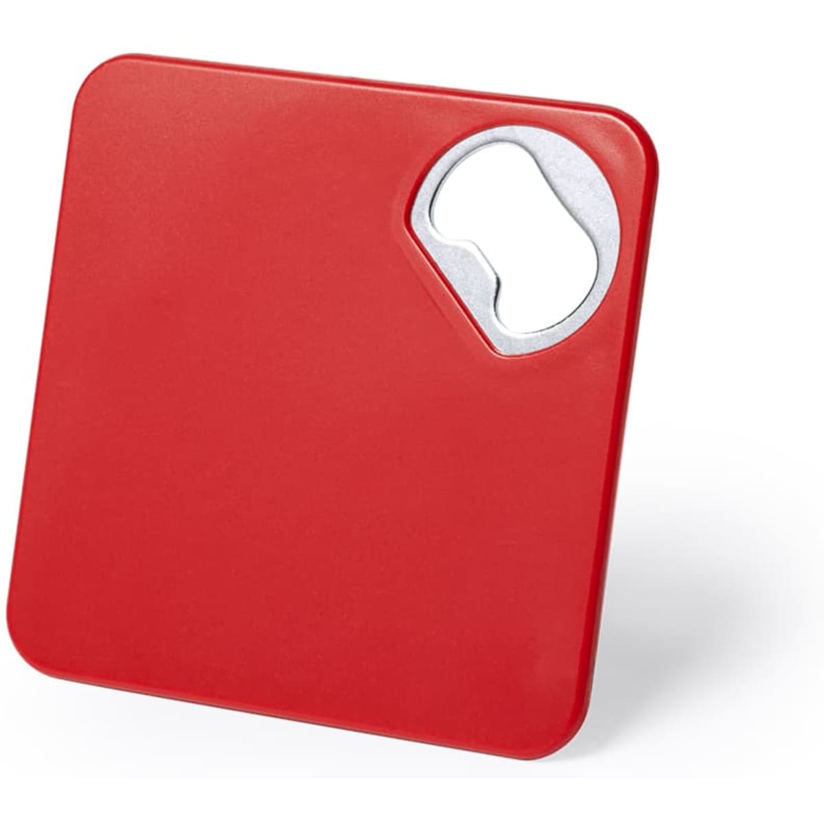 A red square coaster with a bottle opener cutout in one corner. It features a logo.