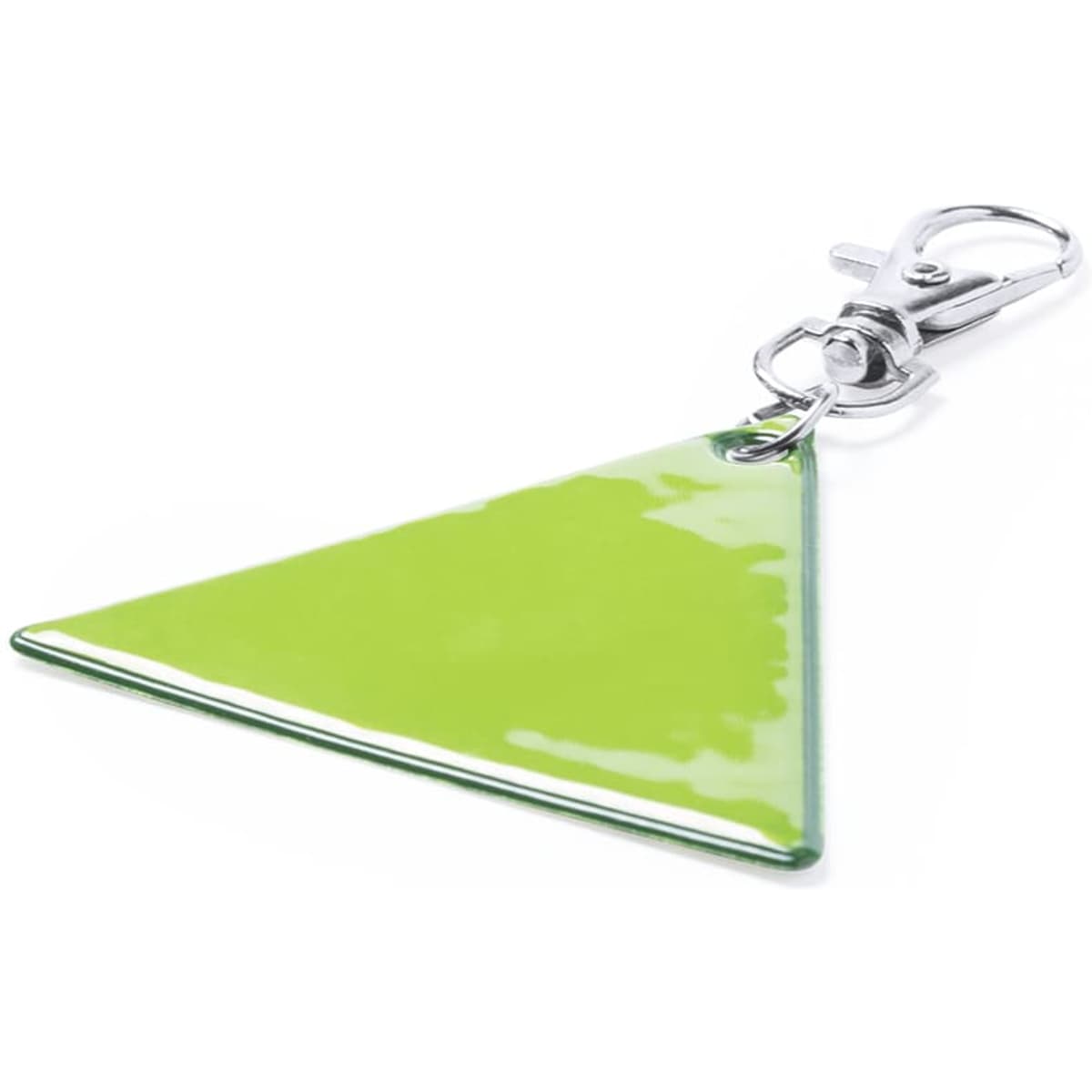 A triangular green keyring with a shiny finish and a silver clip attachment.