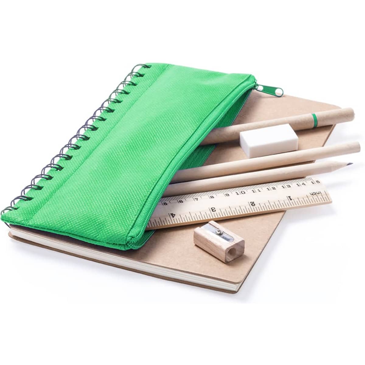 A green zippered pouch containing pens, a ruler, an eraser, and a notebook on a white background.