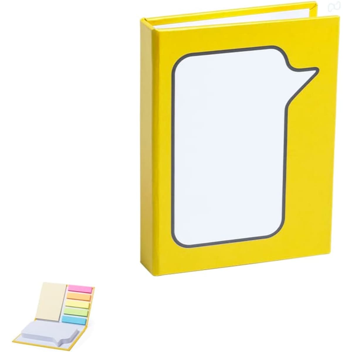 A bright yellow notebook with a speech bubble design, accompanied by colourful sticky notes in various pastel shades.