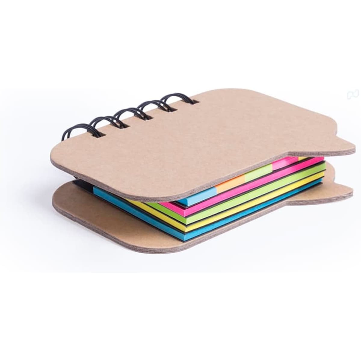 A notebook with a brown cover featuring various sticky notes in bright pink, yellow, green, and blue. It has a spiral binding and a logo.