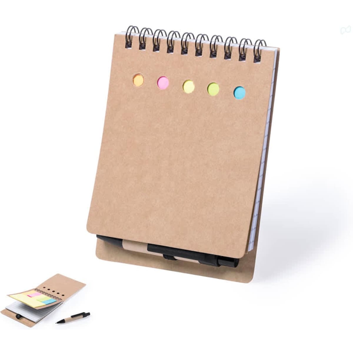 A spiral-bound notebook in brown with sticky notes in pink, yellow, green, and blue, featuring a logo.