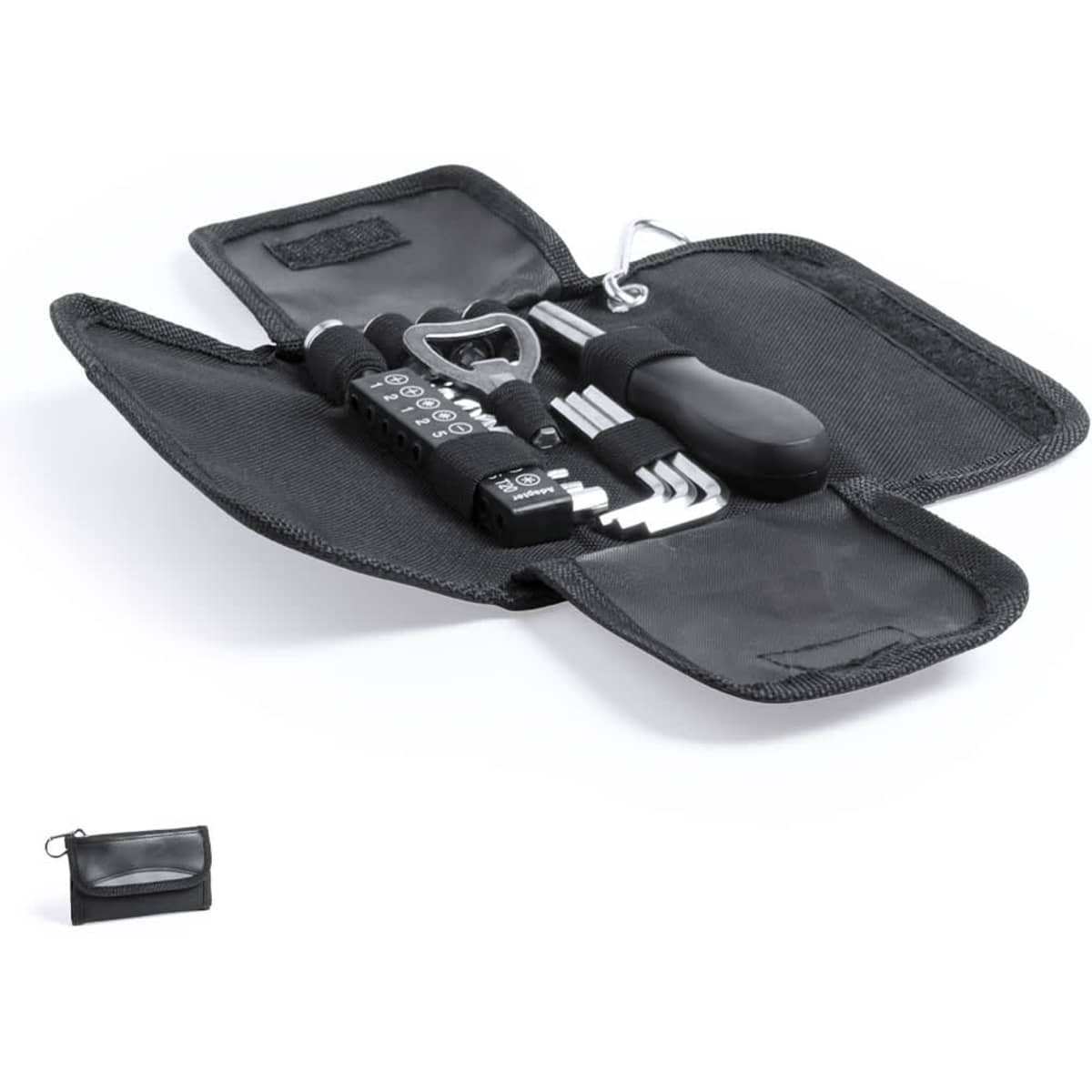 A black multi-tool set with various tools and a small carrying case, featuring a logo on the exterior.