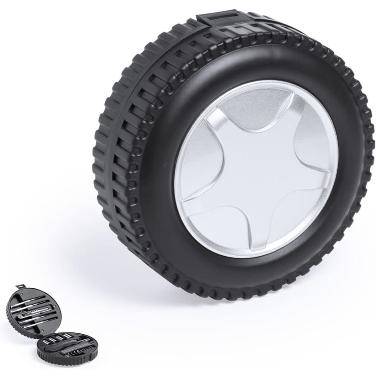 A black and silver wheels multi-tool shaped like a tyre, with a separate compartment containing tools.