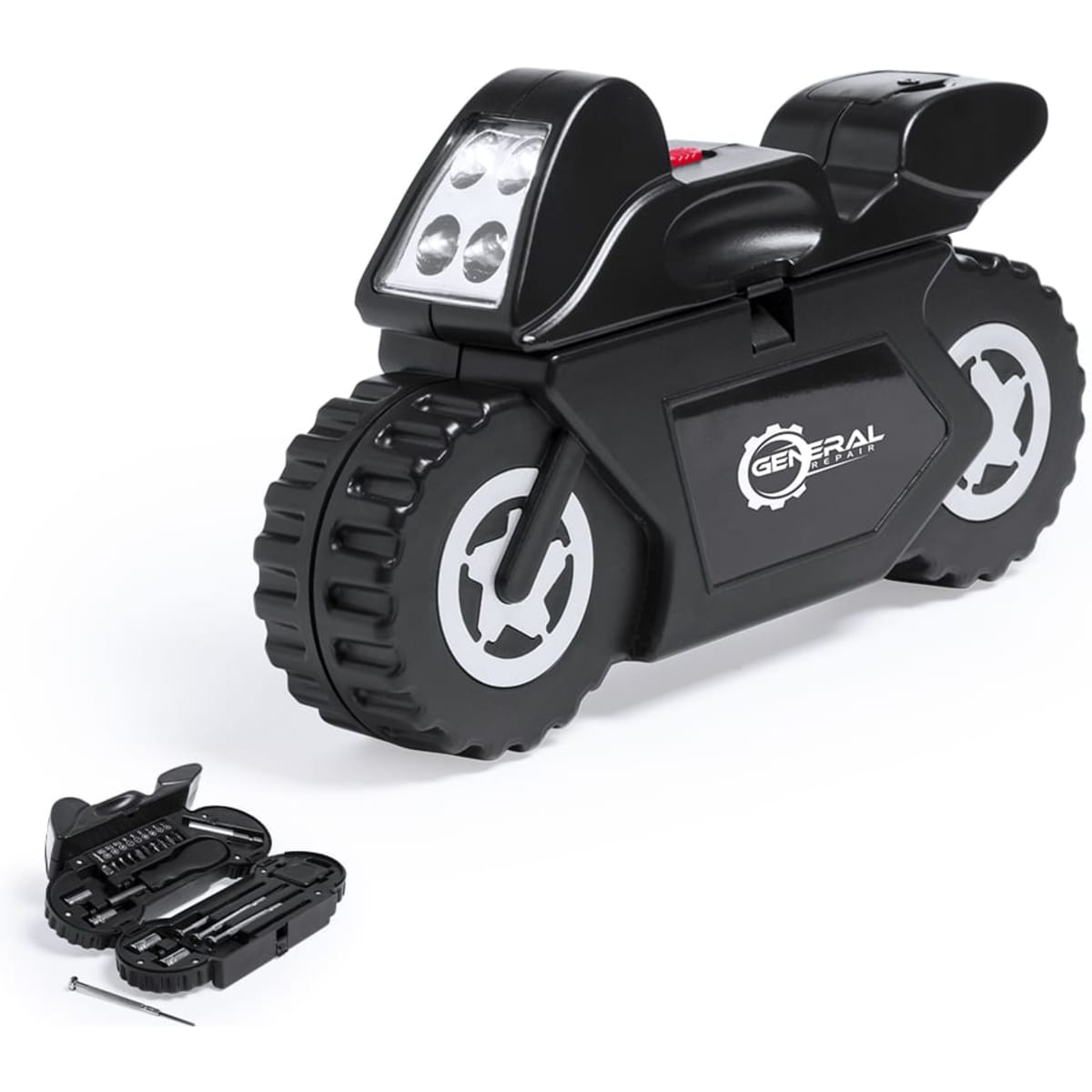 A black motorcycle-shaped multi-tool with headlights and a detachable toolset on a white background.