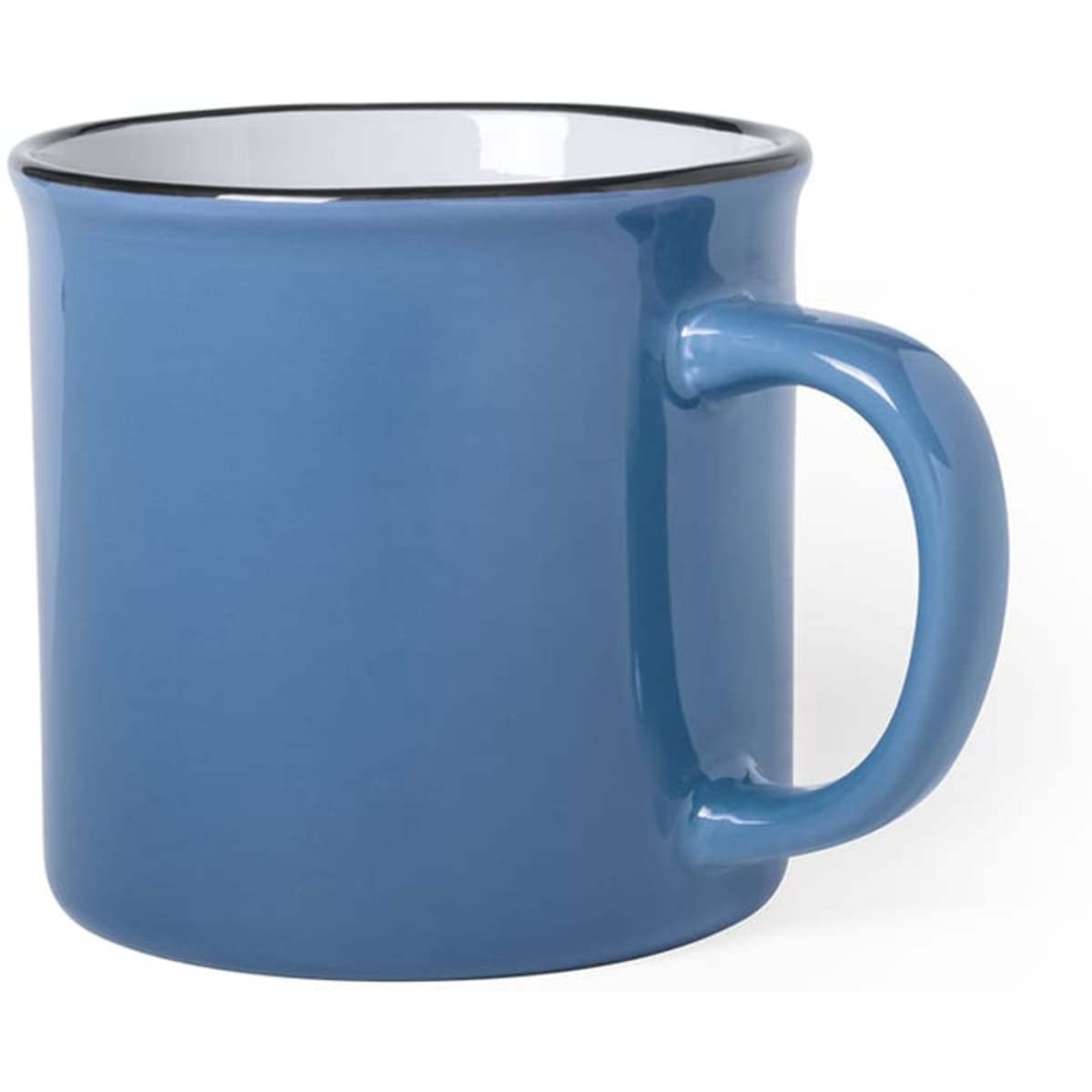 A blue coffee mug with a black rim and a sturdy handle, featuring a logo on the surface.
