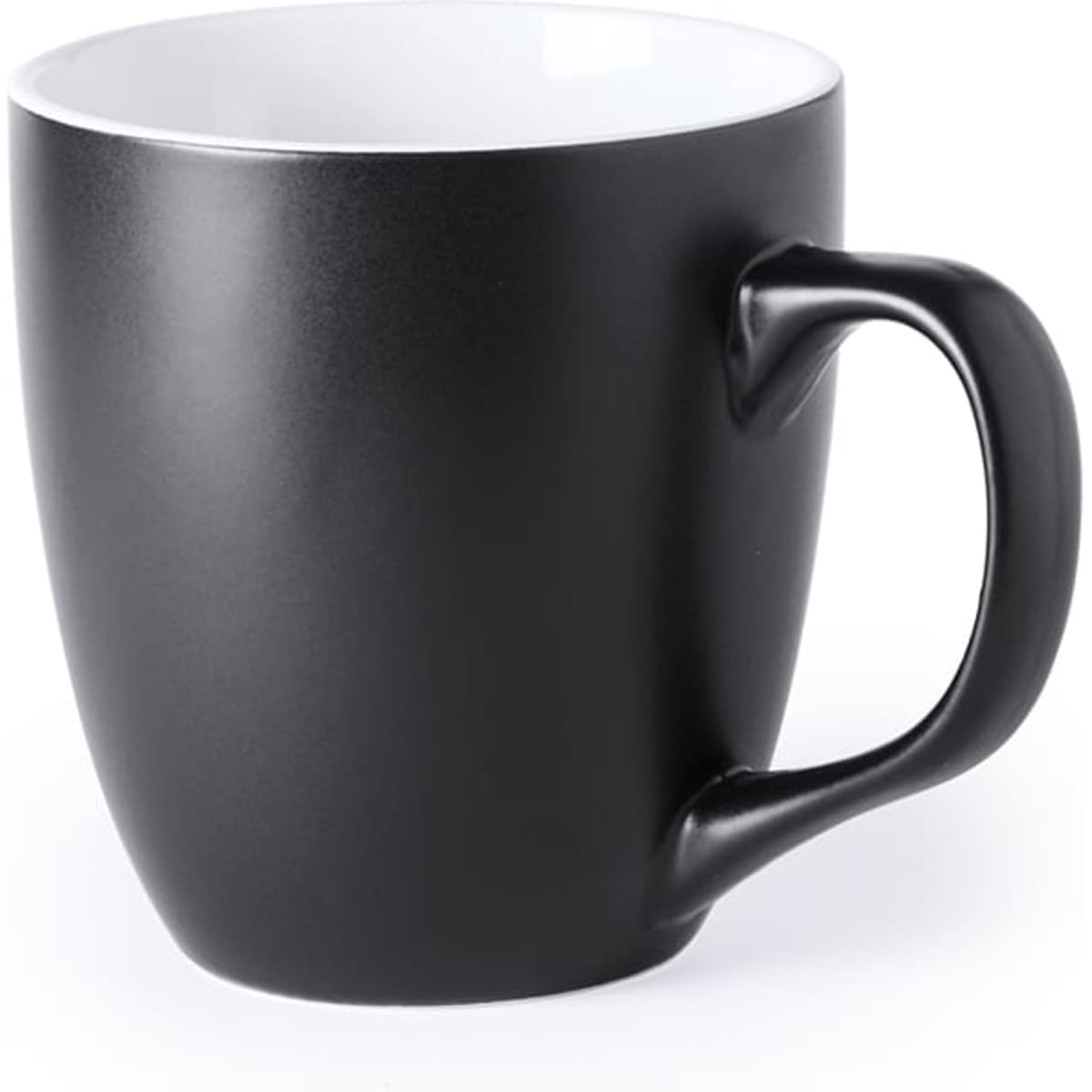 A black coffee mug with a smooth matte finish and a white interior, featuring a curved handle.