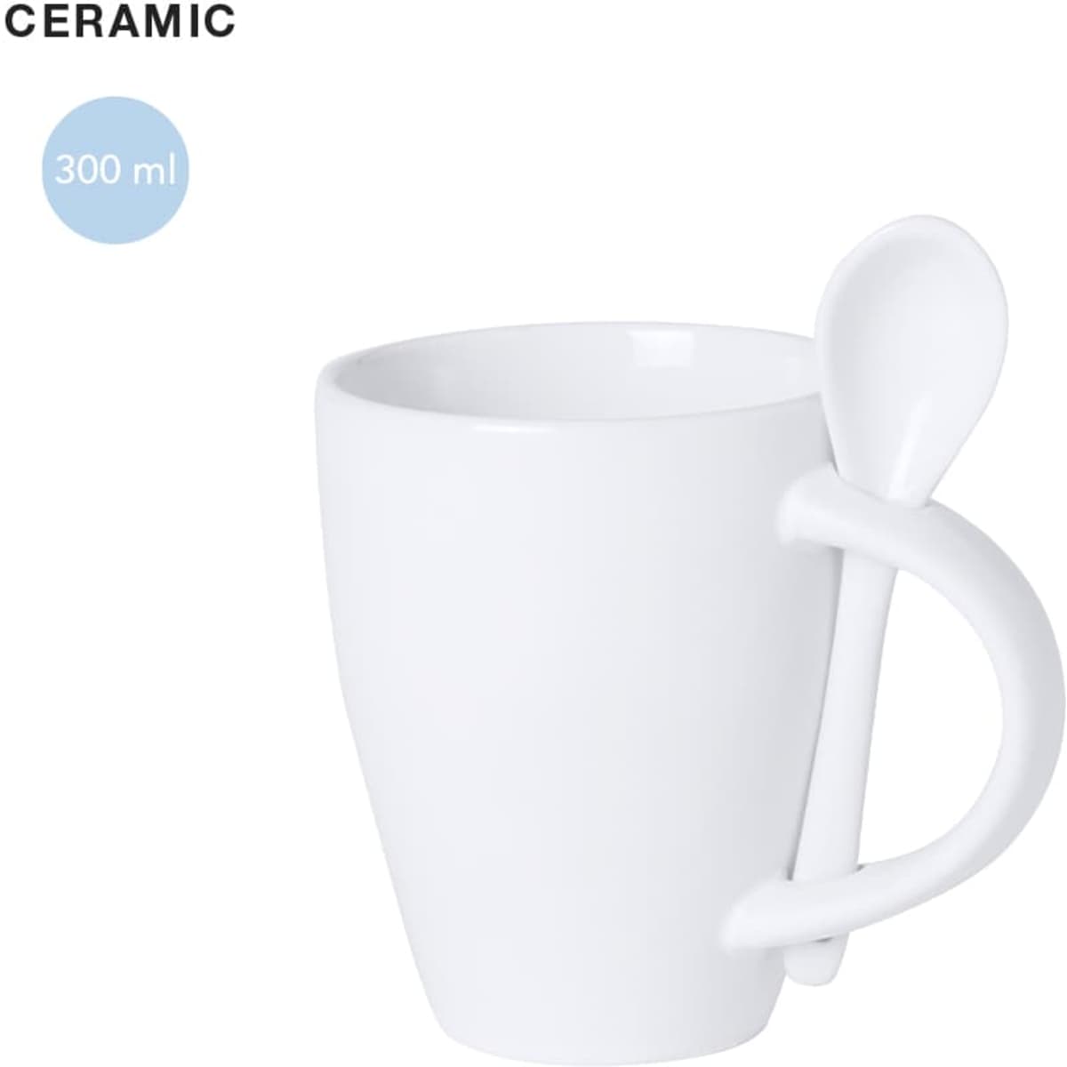 A ceramic coffee mug in white, featuring a spoon attached to the handle, with a capacity of 300 ml.