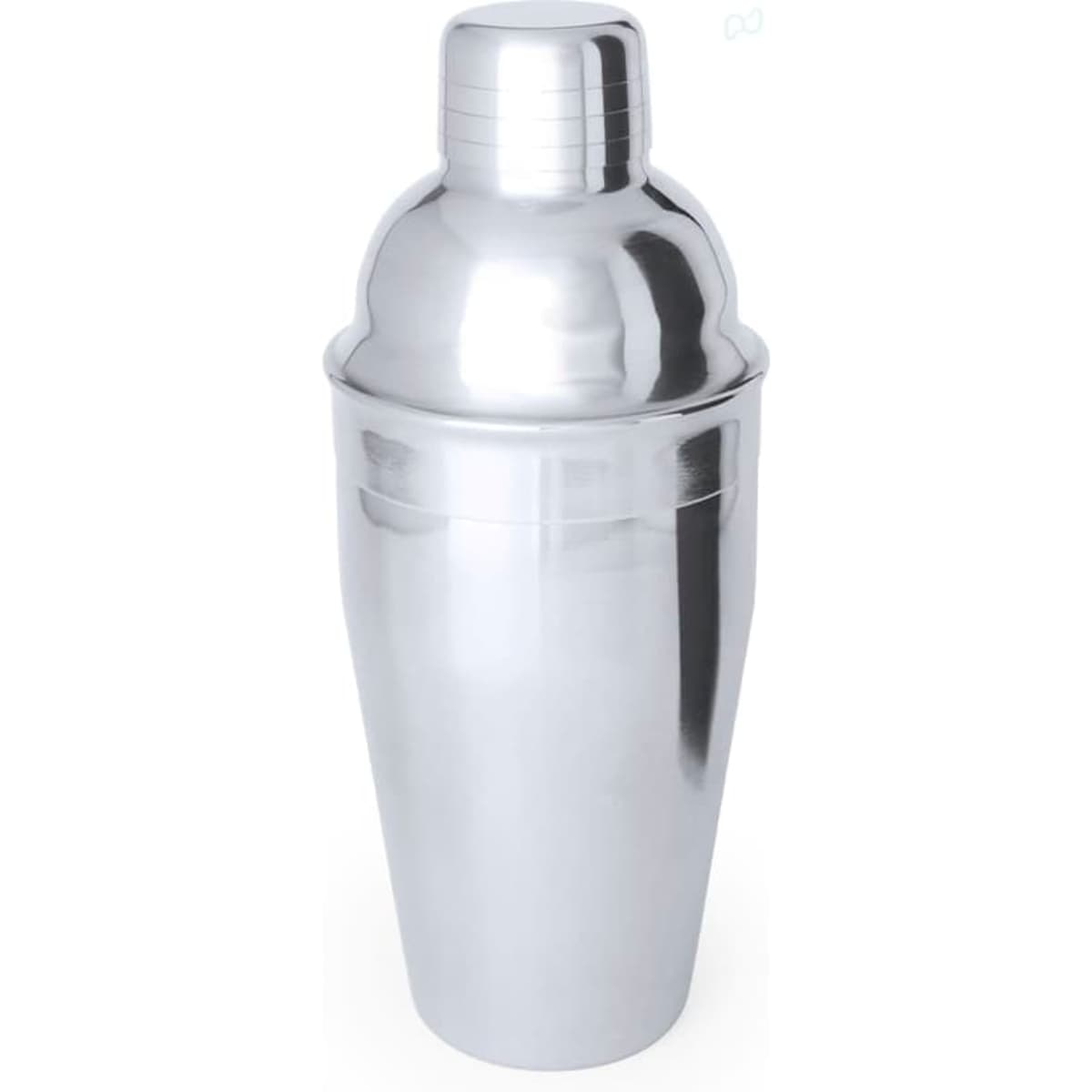 A drink bottle in a shiny silver finish with a classic flask design and a screw-top lid. It features a logo.