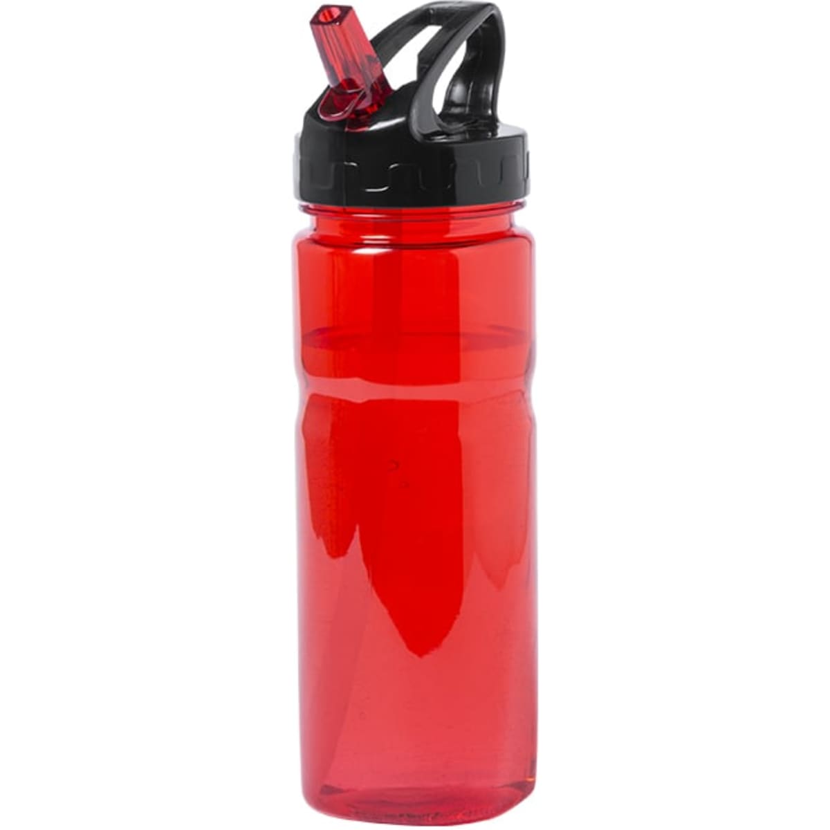 A red drink bottle with a black lid and a straw, featuring a branding logo.
