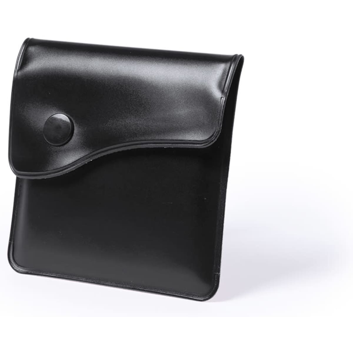 A black folder with a button closure. It has a sleek, glossy finish and a minimalistic design.