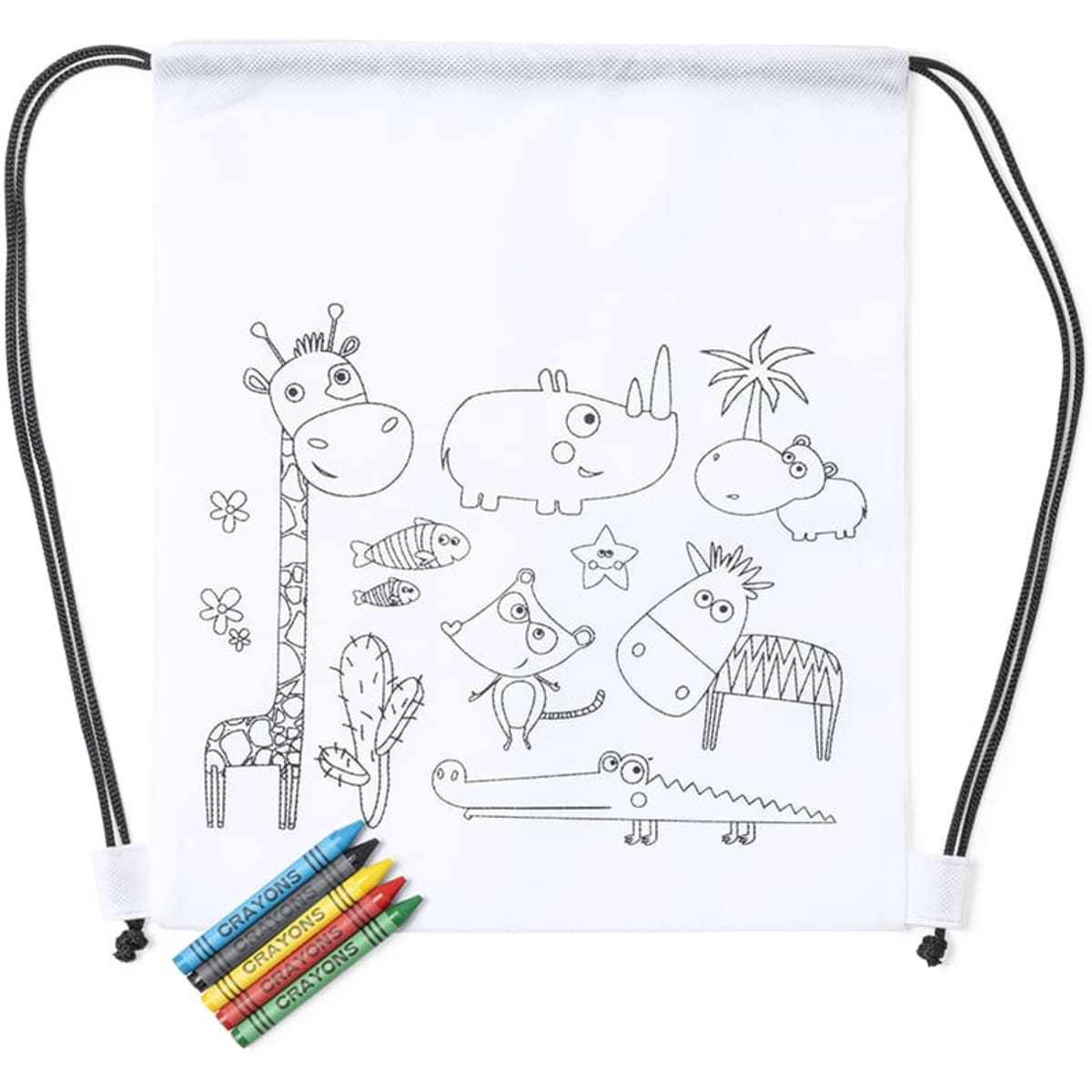 A white drawstring bag featuring outlined animal illustrations, accompanied by colourful crayons.
