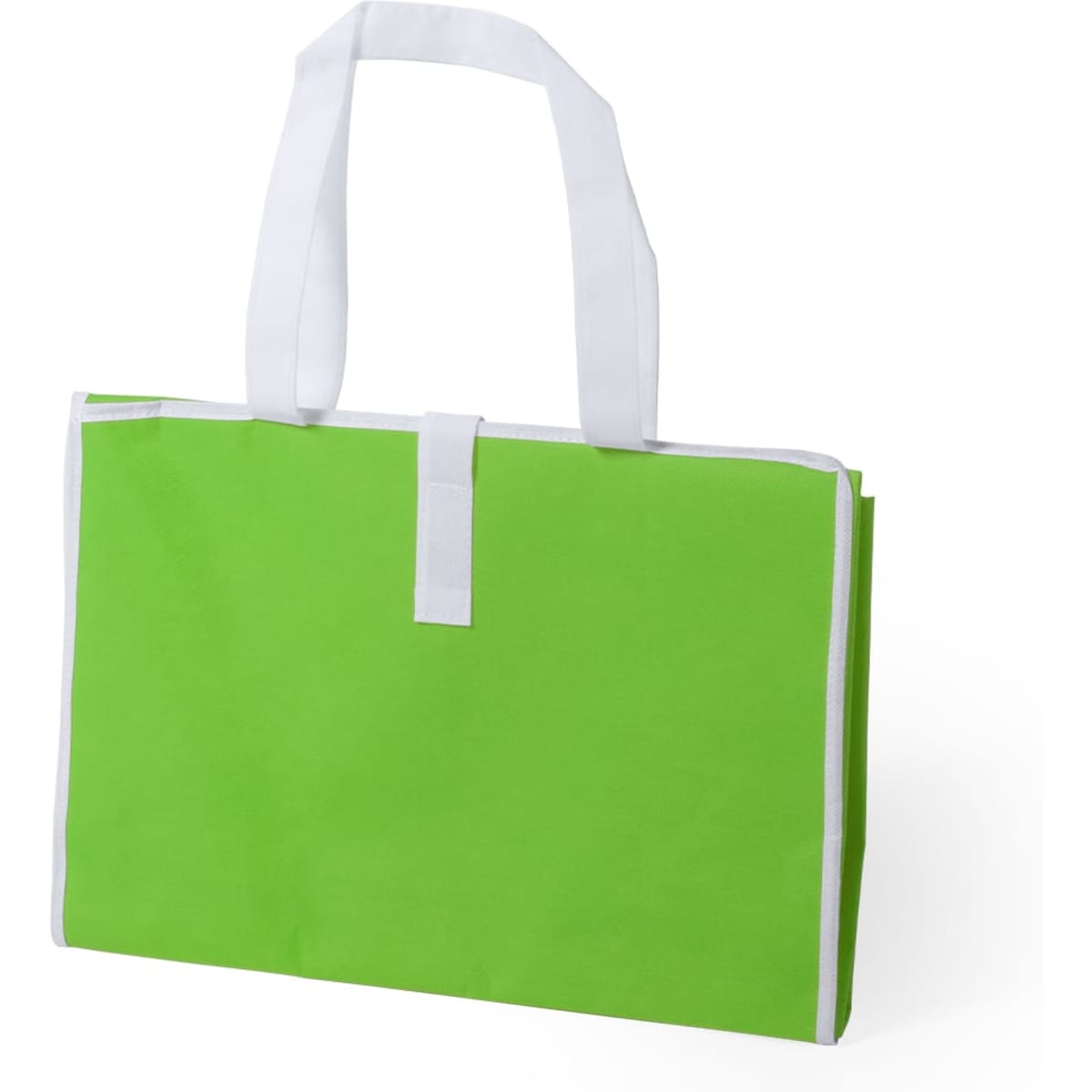 A bright green picnic rug bag with white handles, featuring a simple design and a secure closure.