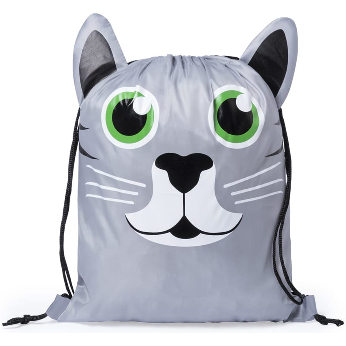 A grey drawstring bag featuring a cat face design with large green eyes and black drawstrings.