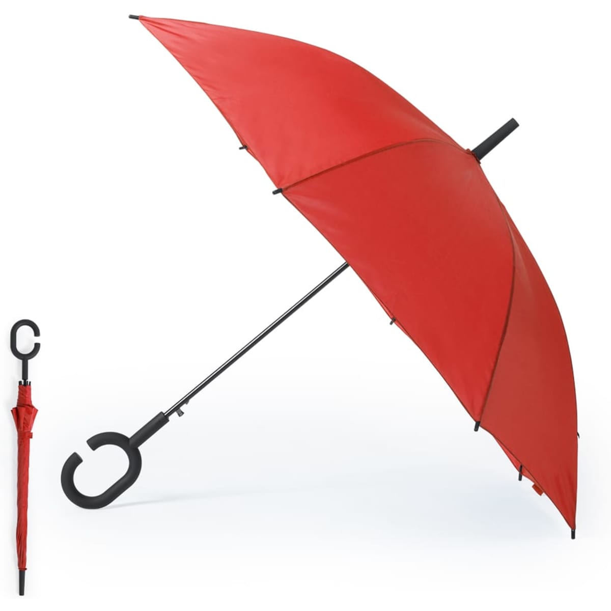 A red umbrella with a black handle, accompanied by a compact version in a folded state.