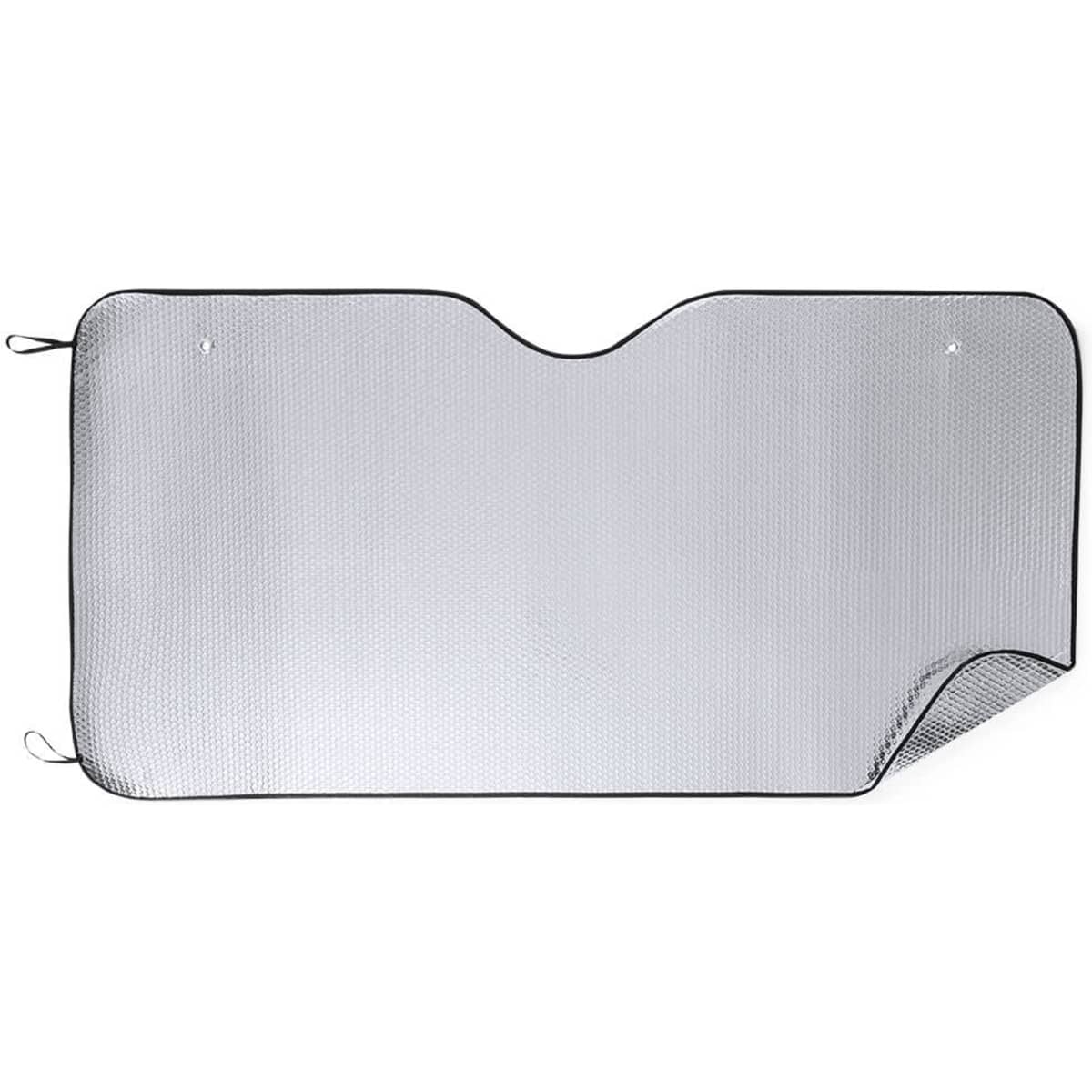 A sunshade in black and silver with a textured surface and rounded top edges, featuring fastening loops on two corners.