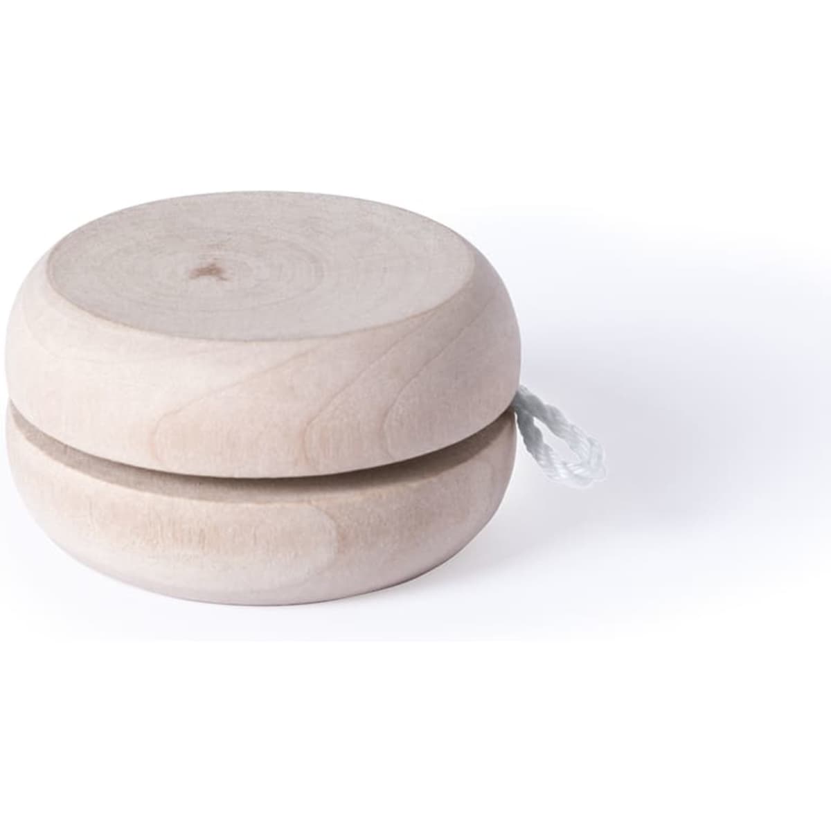 A wooden yo-yo with a smooth, natural finish and a white string attached. It has a simple, rounded design.