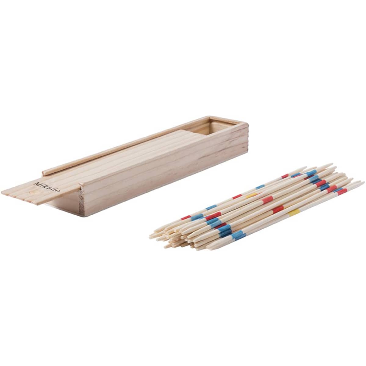 A wooden box containing a set of Mikado sticks in natural wood with coloured ends in red and blue.