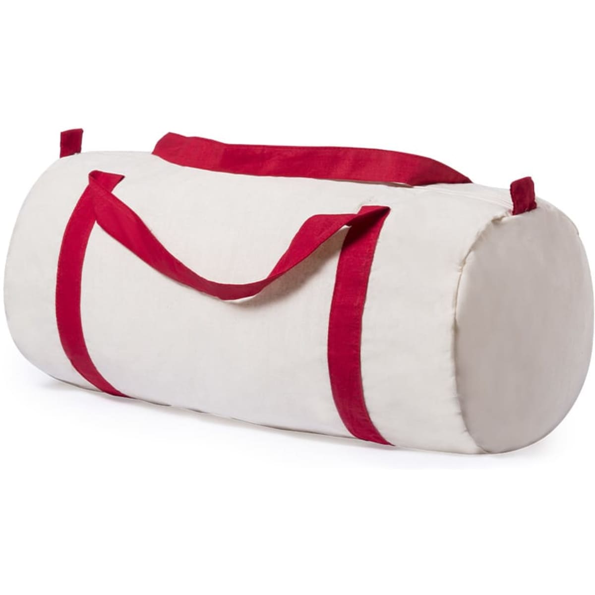 A cream coloured tote bag with red straps and a rounded shape, featuring a branding logo.