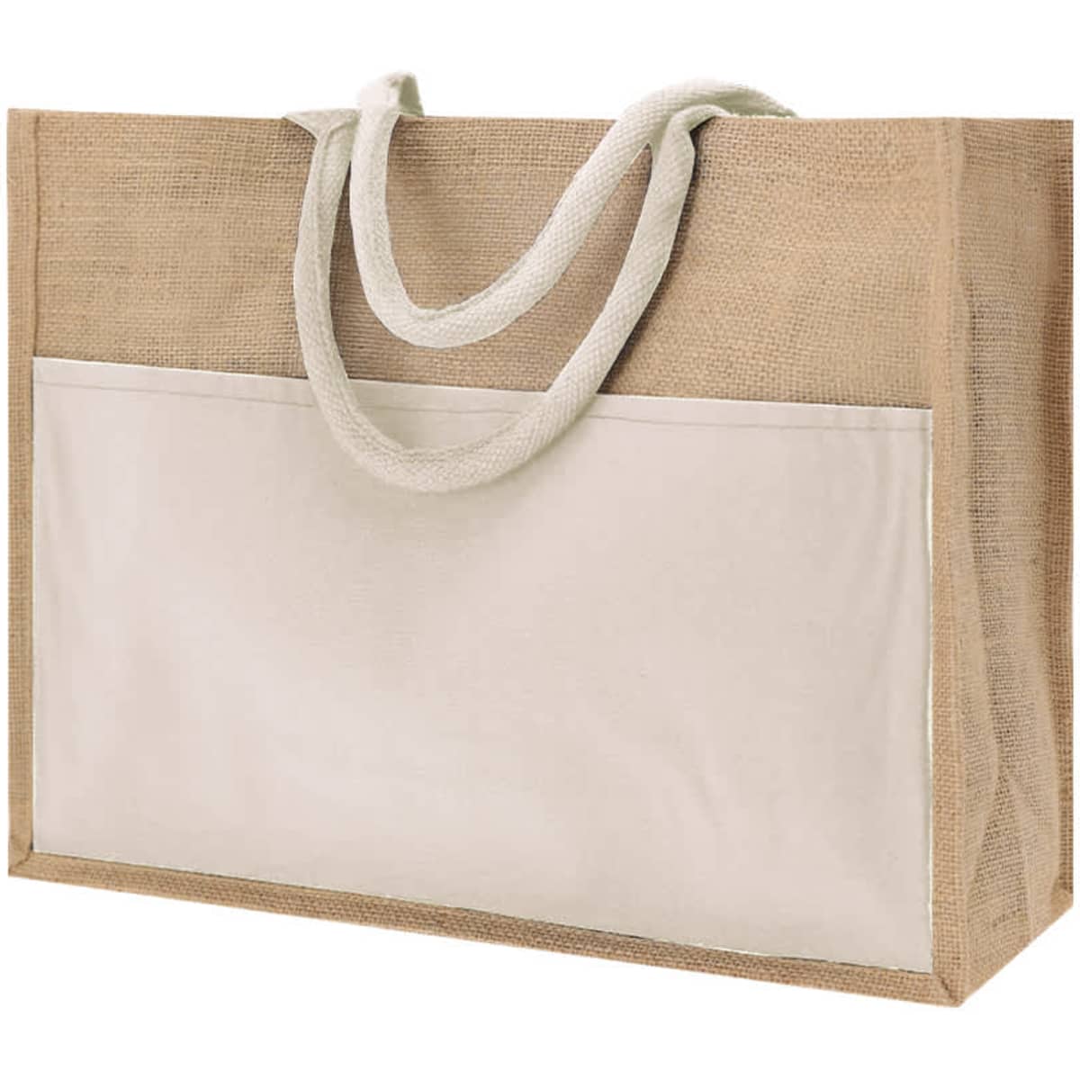 A large tote bag in natural jute, featuring a light beige panel and sturdy white rope handles.