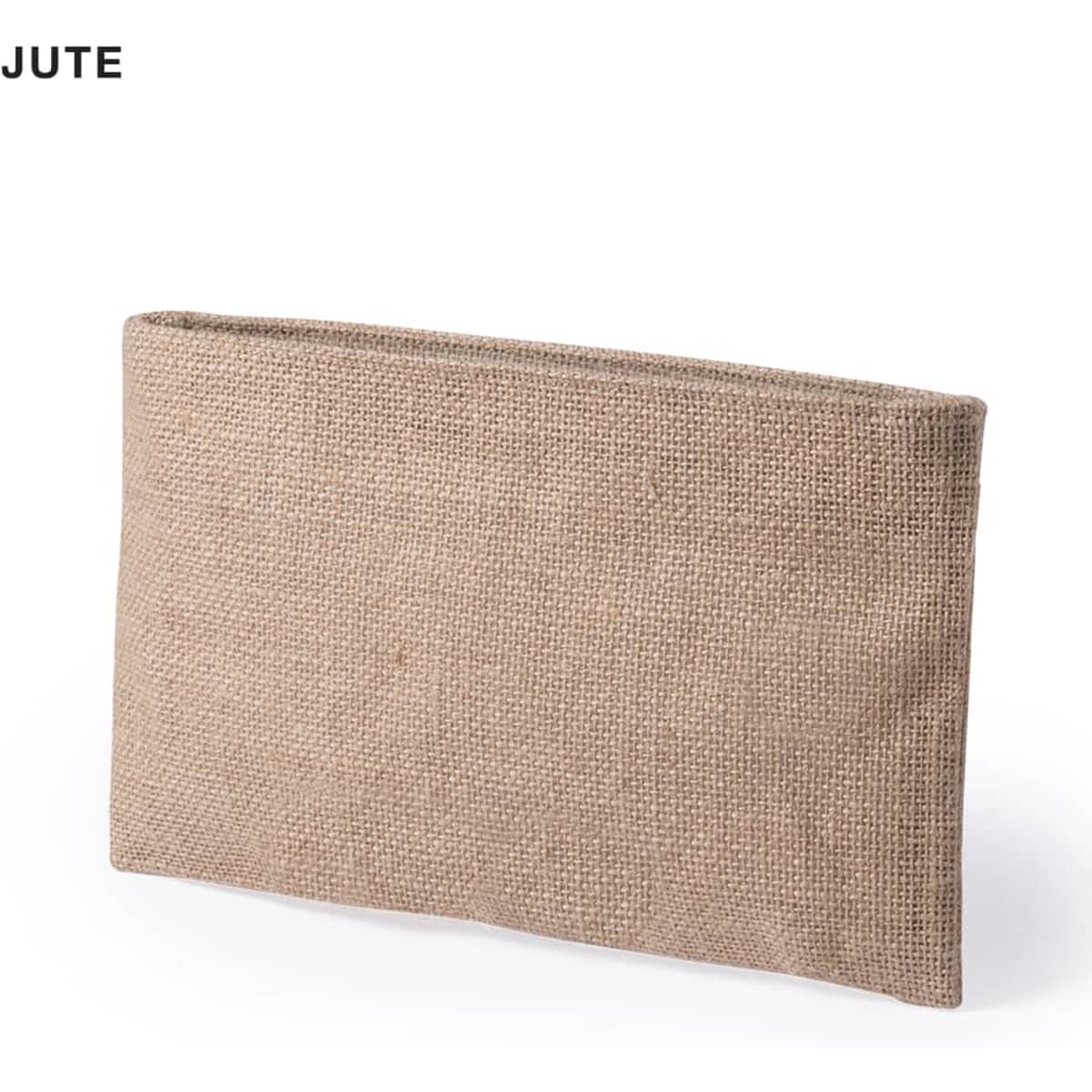 A jute toiletry bag in a natural beige colour, featuring a simple, unadorned design and a logo.